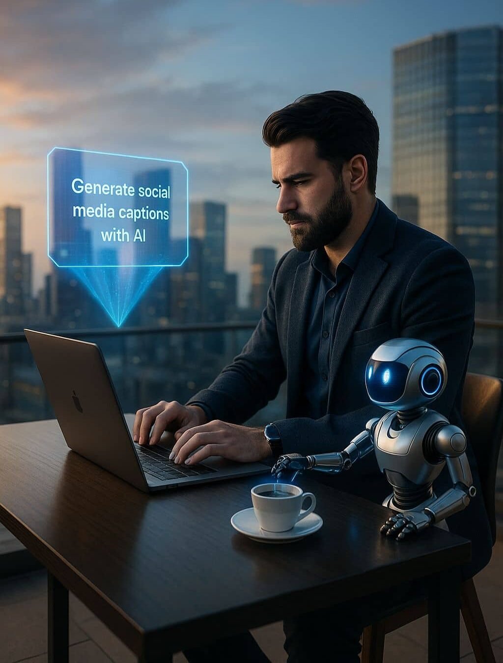 Man working with AI interface in modern urban setting