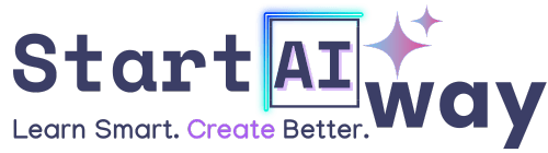 Logo of StartAIway featuring modern AI-inspired stars and slogan “Learn Smart. Create Better.” in a clean blue and violet gradient design.