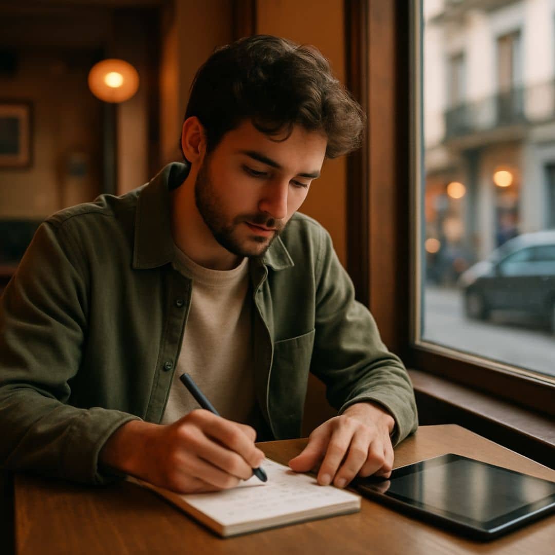 Jordan Lee, freelance creator learning AI in a coffee shop
