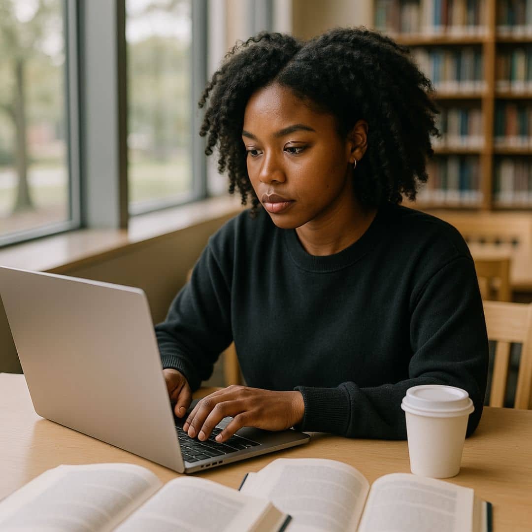 Maya Thompson using AI to study in a college library