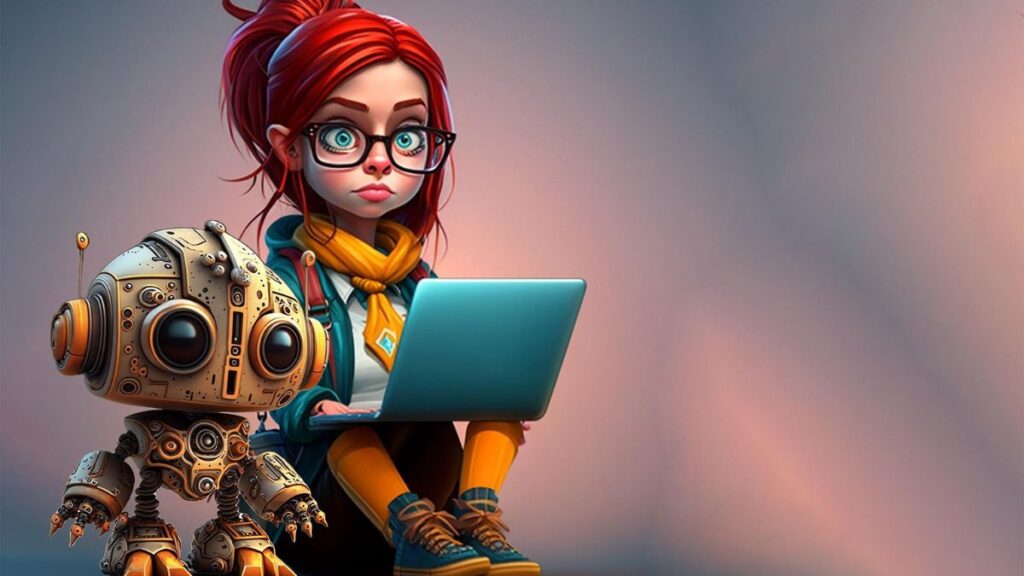 Fictional AI learning character and student using laptop in a creative setting