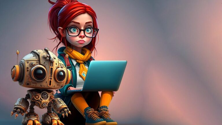 Fictional AI learning character and student using laptop in a creative setting