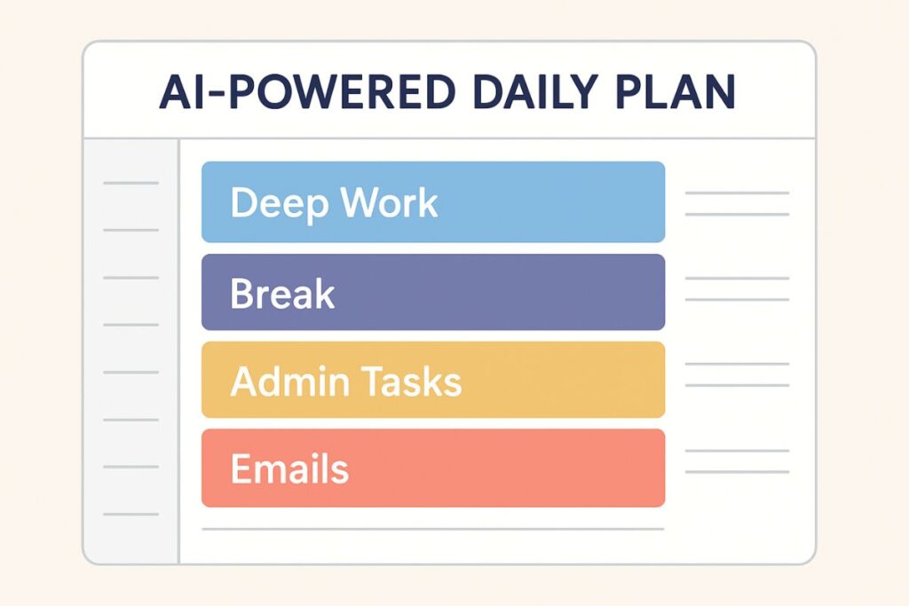 Alt Text: Visual mockup of a daily schedule created with AI showing deep work and break blocks