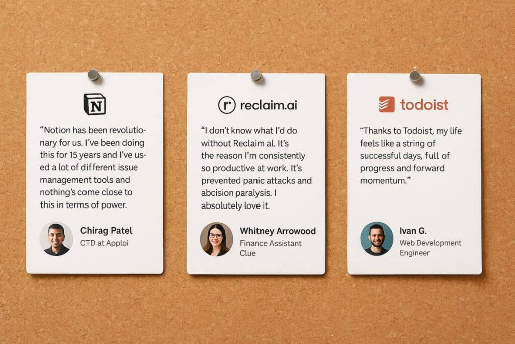 Testimonials from real users of AI productivity tools