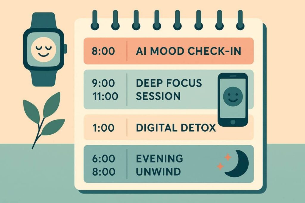 Illustrated AI-powered daily routine including morning check-in and evening wind-down