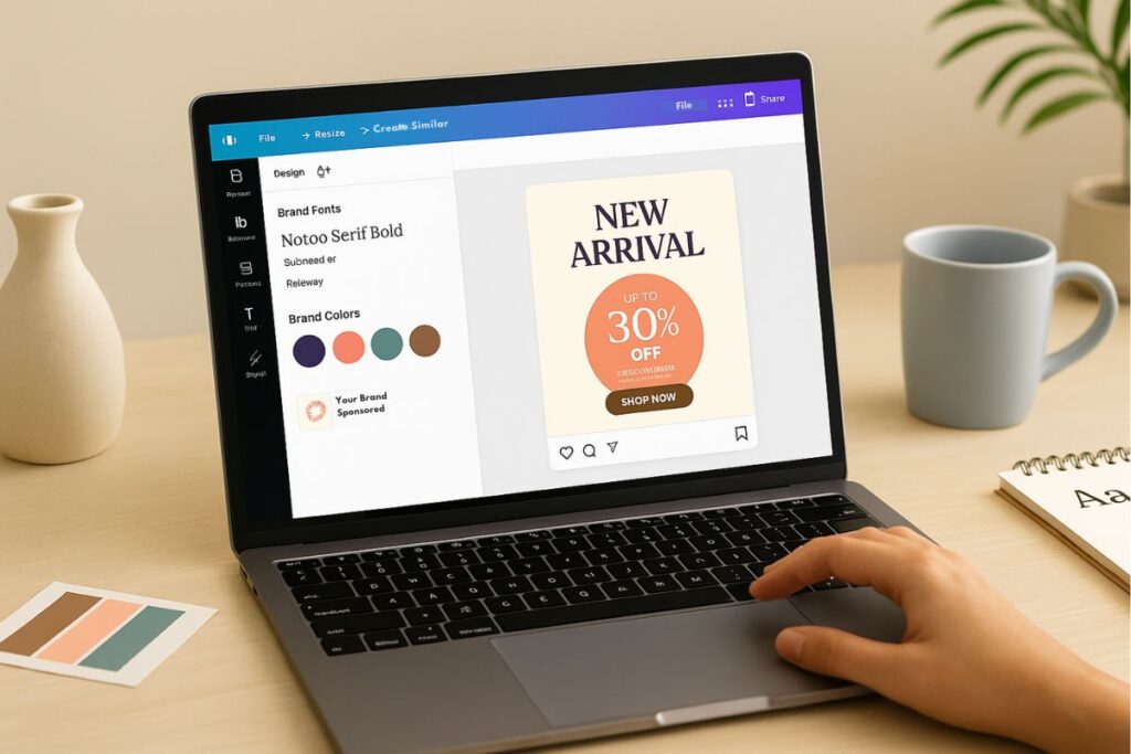 Realistic laptop screen showing branded Instagram post template in a design tool interface