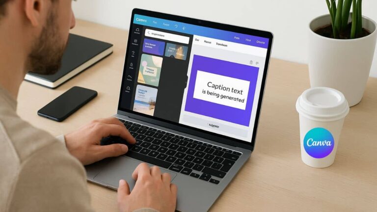 Person using Canva Magic Write to create AI captions on a laptop