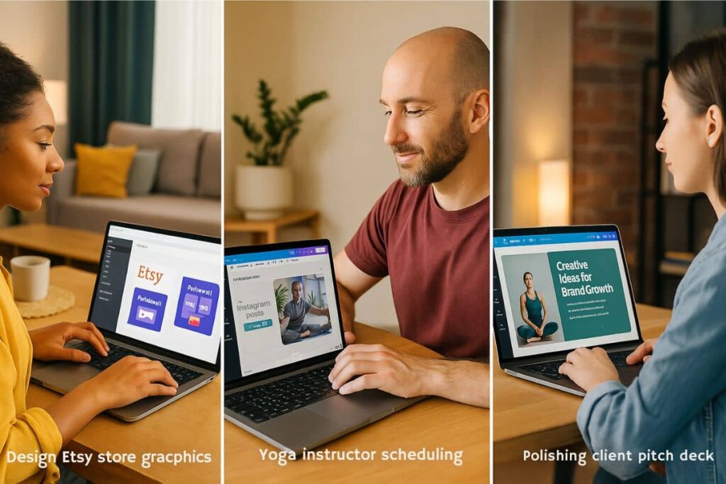 Three beginner creators using Canva AI for Instagram, Etsy, and freelancing