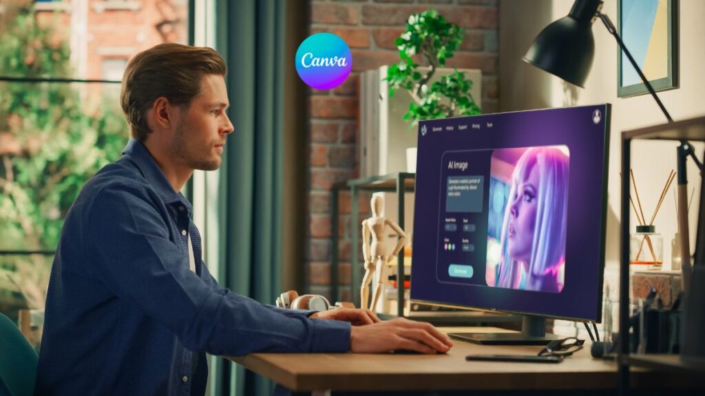 Beginner using Canva AI on laptop to design social media graphics