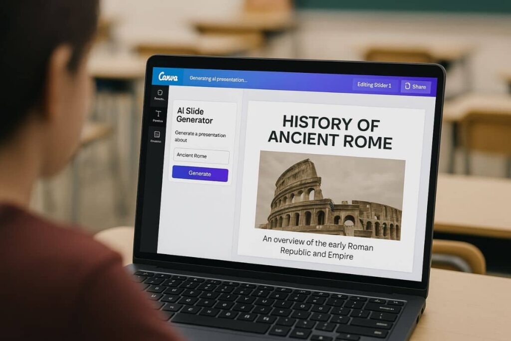 Canva AI slide builder used for school presentations on laptop screen