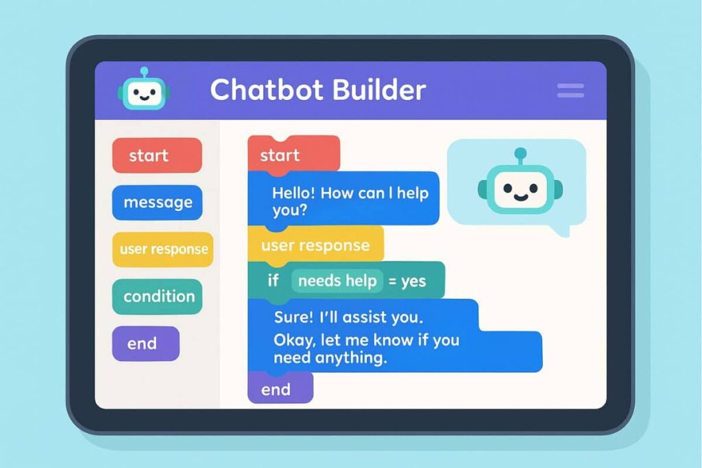 Kid-friendly chatbot project on a tablet with visual editor blocks