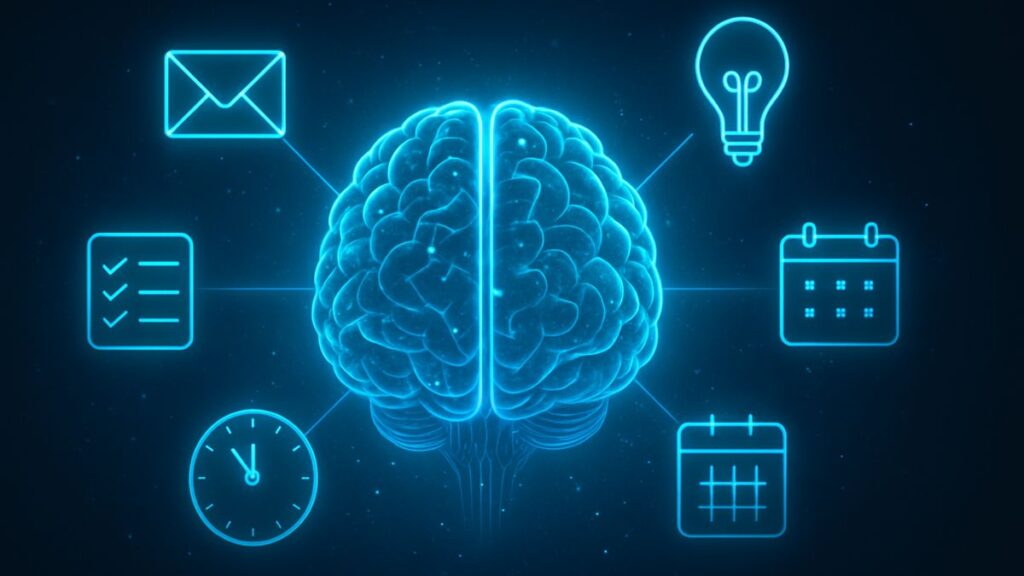 Futuristic AI brain surrounded by time-saving icons like clocks, emails, and to-do lists