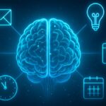 Futuristic AI brain surrounded by time-saving icons like clocks, emails, and to-do lists