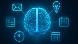 Futuristic AI brain surrounded by time-saving icons like clocks, emails, and to-do lists