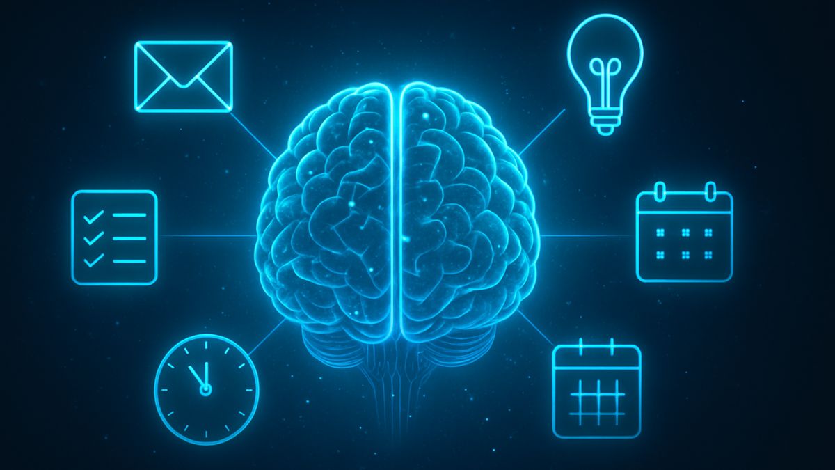 Futuristic AI brain surrounded by time-saving icons like clocks, emails, and to-do lists