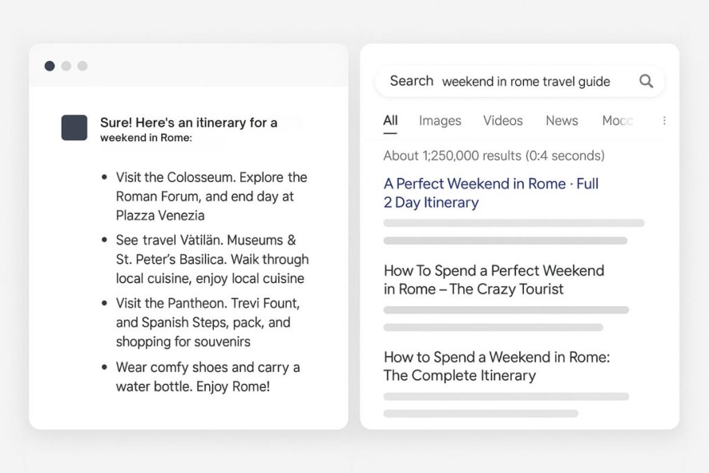 Split view showing ChatGPT suggesting a Rome itinerary vs Google listing travel blogs