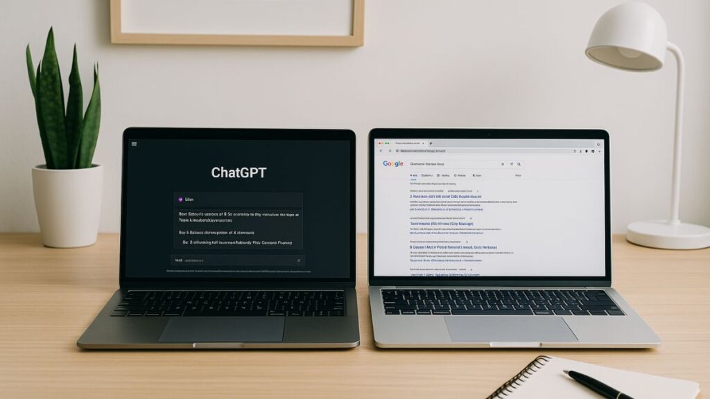 Clean workspace with a user comparing ChatGPT and Google Search on two screens