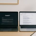 Clean workspace with a user comparing ChatGPT and Google Search on two screens