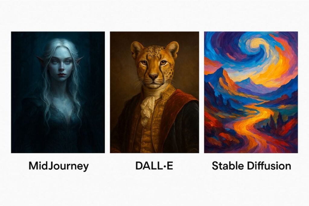 Visual comparison of MidJourney, DALL·E, and Stable Diffusion output styles