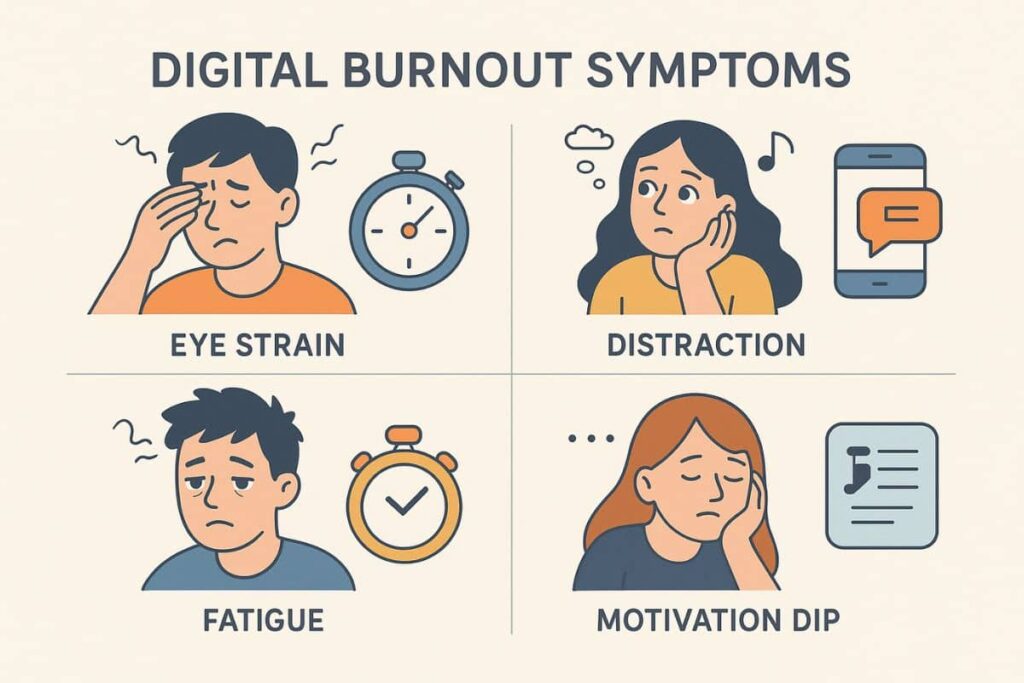 Visual symptoms of digital burnout with suggested AI tools for relief