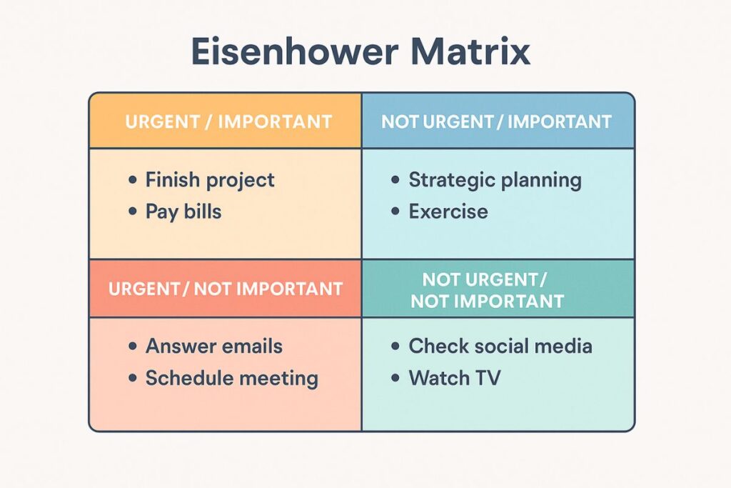 Illustrated Eisenhower matrix organizing tasks by urgency and importance