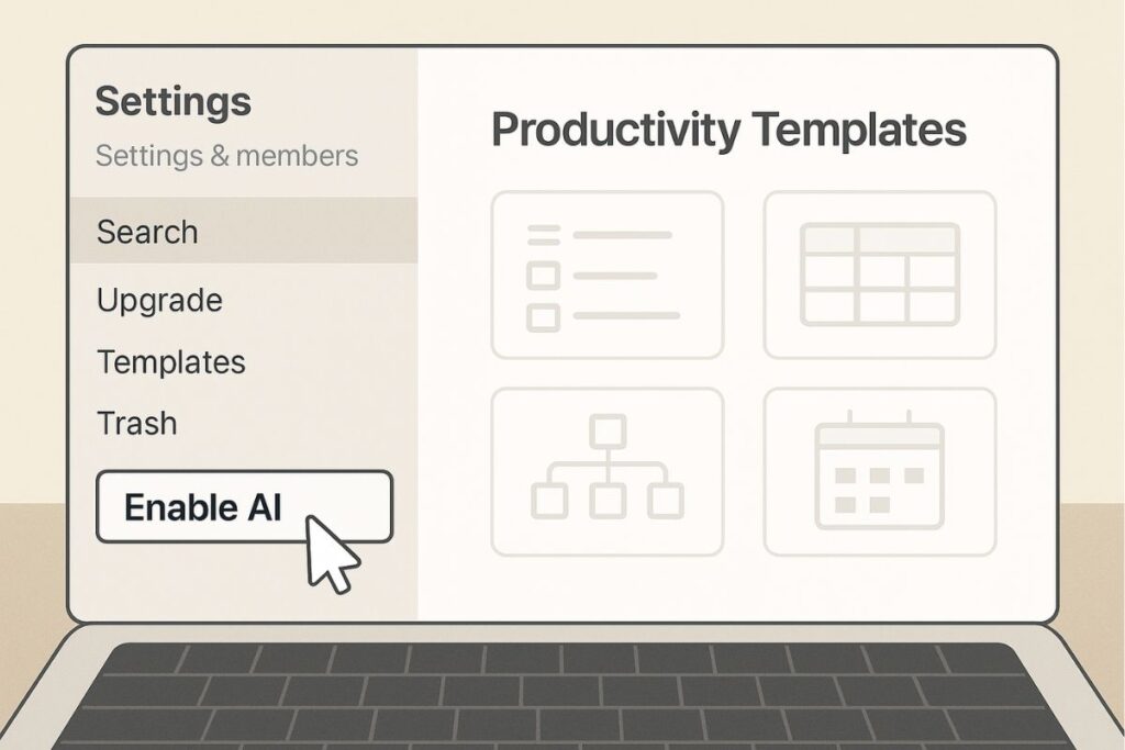 visual guide showing how to enable Notion AI and access templates