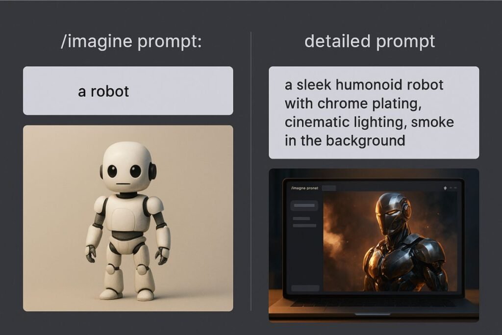 A side-by-side comparison of vague and descriptive AI art prompts