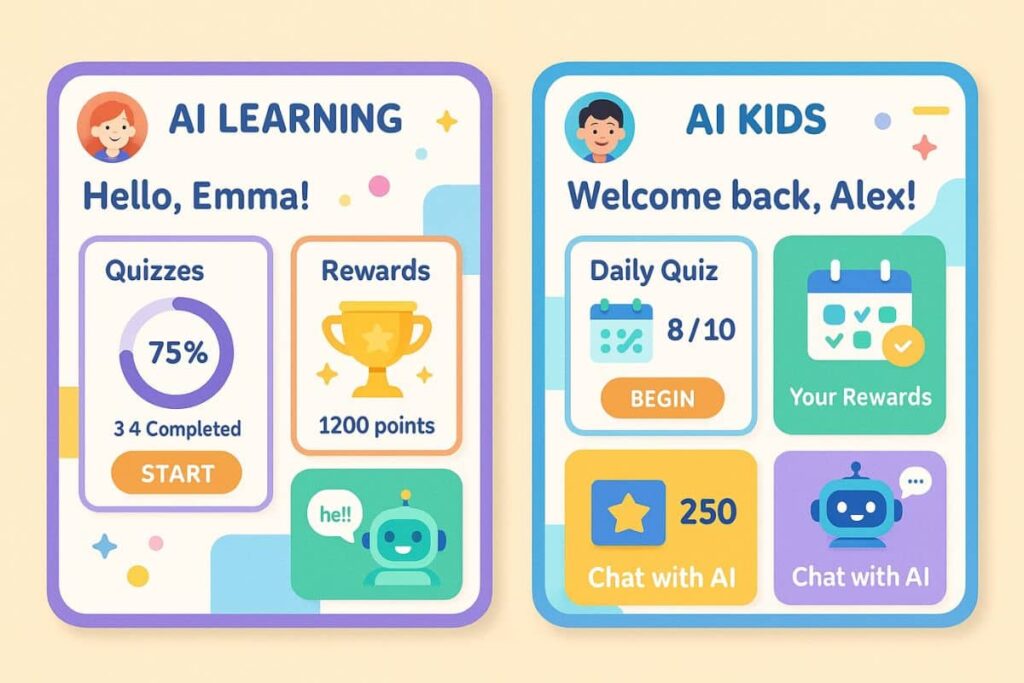 Example dashboards of popular AI learning apps like Brainly, Quillionz, and Duolingo