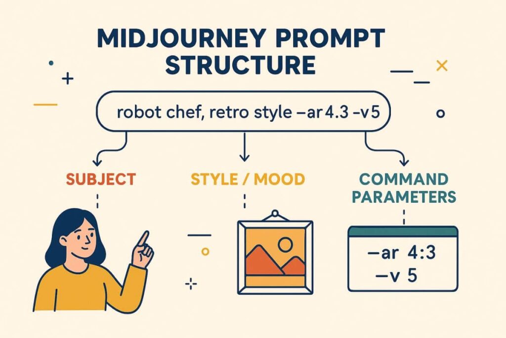 MidJourney prompt structure: subject, style, and command elements
