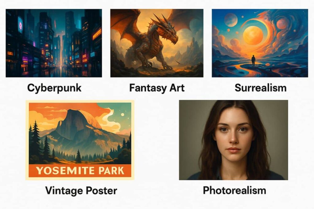 Grid of AI-generated images in different styles: cyberpunk, fantasy, photorealism