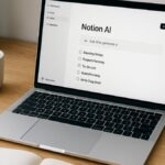 realistic workspace showing a user setting up Notion AI on a laptop