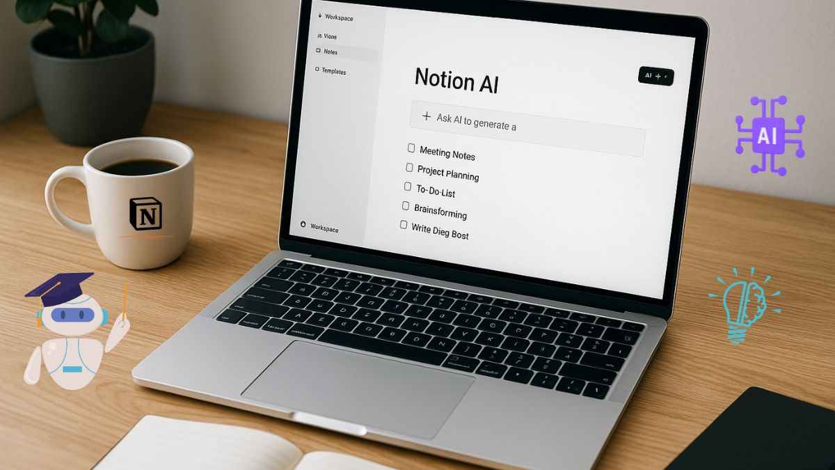 realistic workspace showing a user setting up Notion AI on a laptop