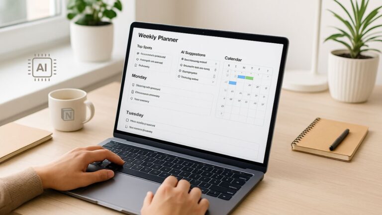 Modern workspace with AI-powered weekly planning on a laptop screen