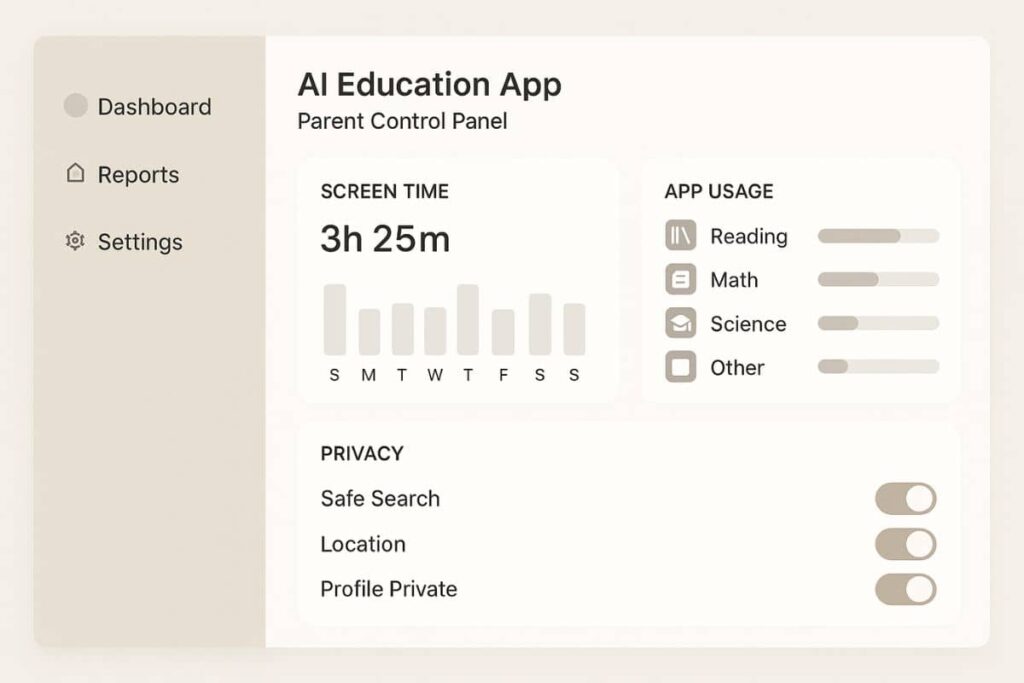 Parental controls and privacy settings on a kid-friendly AI learning app