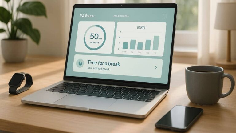 Professional workspace with laptop showing AI wellness assistant dashboard