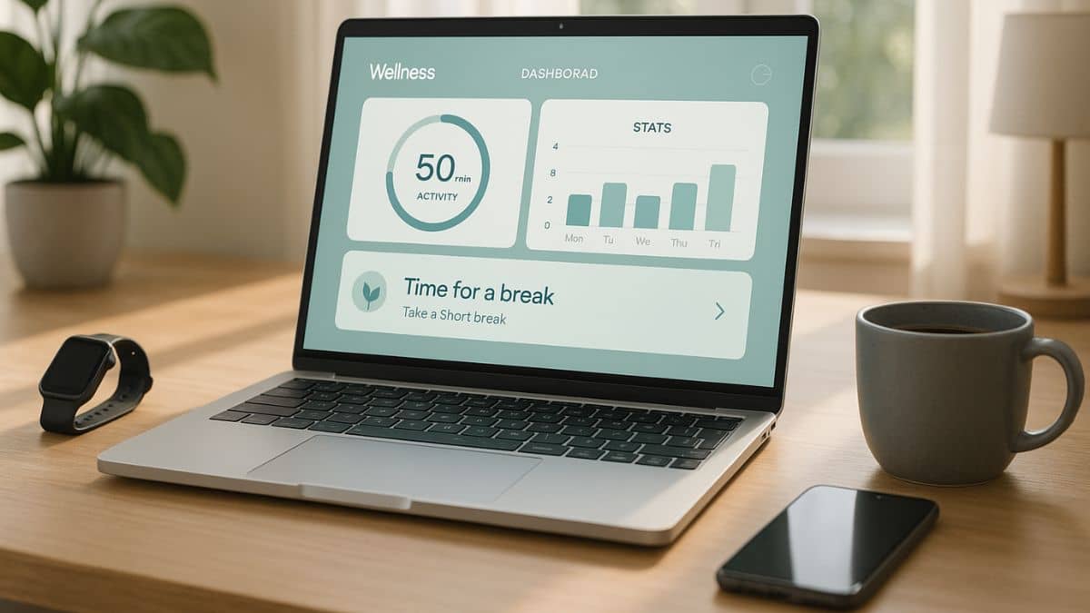 Professional workspace with laptop showing AI wellness assistant dashboard