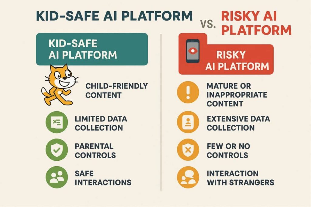 Table comparing safe vs risky AI platforms for kids