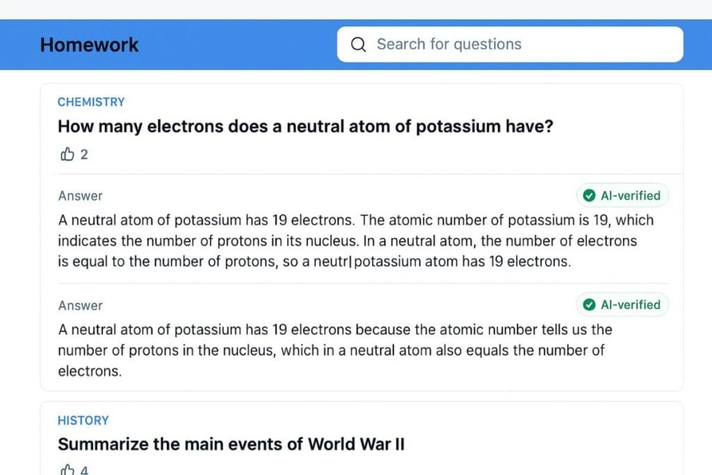 AI learning Apps: Collaborative learning platform powered by AI showing homework Q&A threads