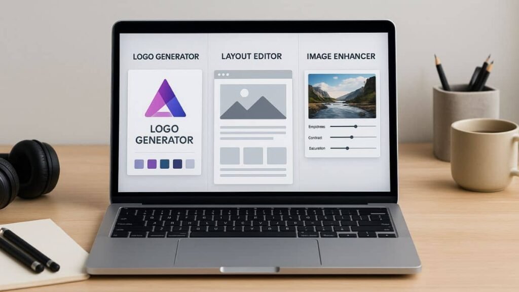 Modern workspace showing a laptop with various AI design tools open on screen