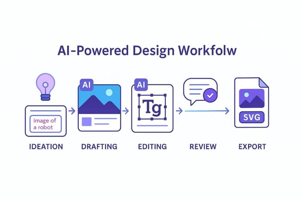 AI design tools: Visual workflow showing how AI tools assist each stage of a digital design process