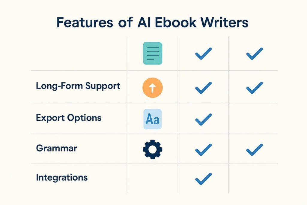 Comparison chart of AI ebook writer features like formatting, chapter tools, integrations