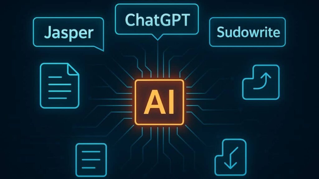 Glowing AI dashboard concept showing ebook creation tools and digital writing assistant icons