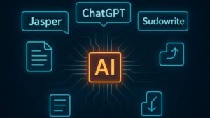 Glowing AI dashboard concept showing ebook creation tools and digital writing assistant icons