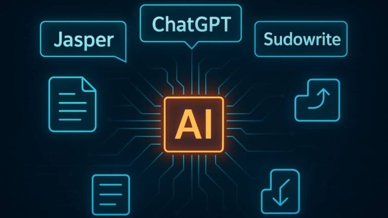 Glowing AI dashboard concept showing ebook creation tools and digital writing assistant icons