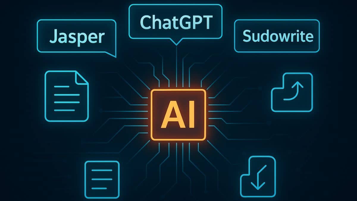 Glowing AI dashboard concept showing ebook creation tools and digital writing assistant icons