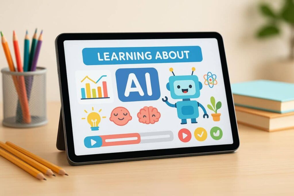 AI education content for kids shown on a tablet in a bright learning space