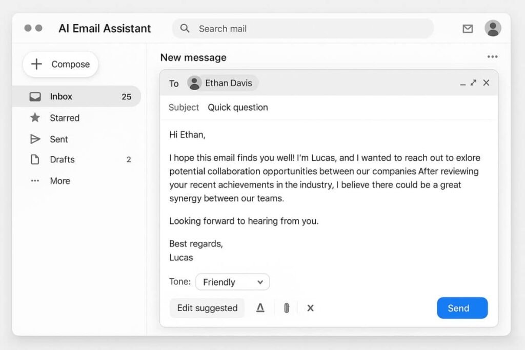 AI email assistant writing personalized outreach email in inbox interface