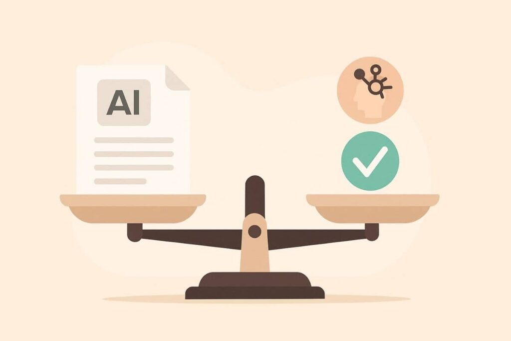 AI writing tools comparison: Ethics and risks of AI content creation visual with balance scale and AI document