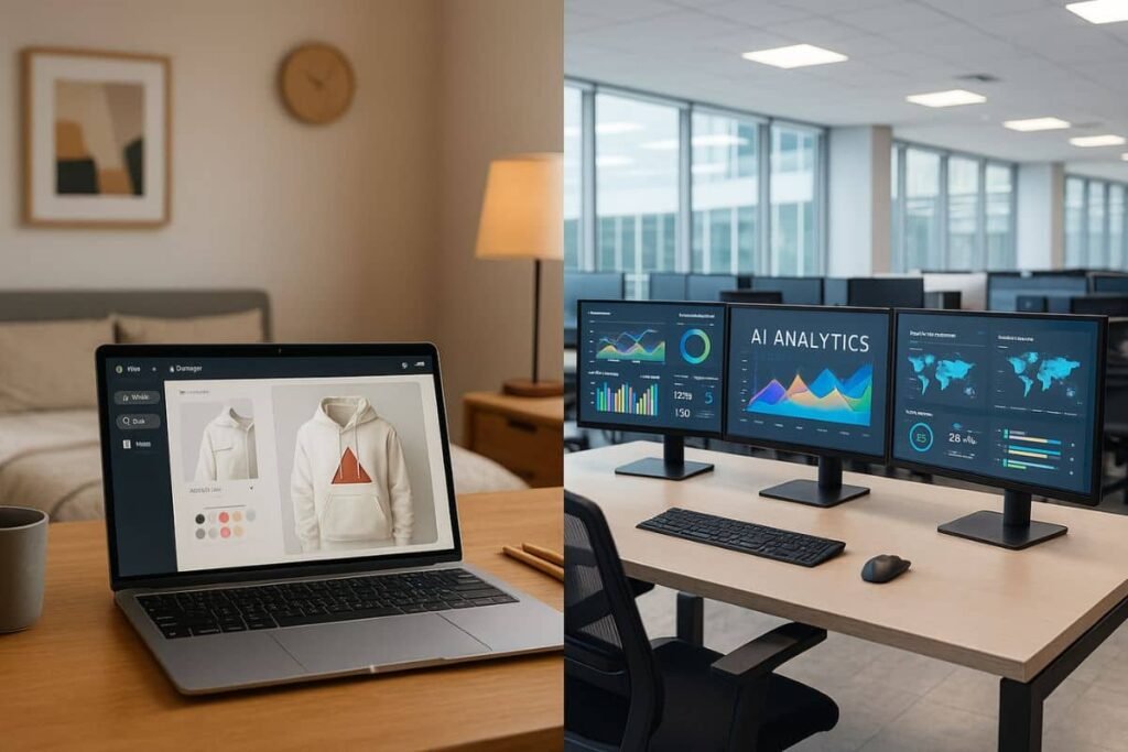 Side-by-side comparison of freelance and corporate AI work environments
