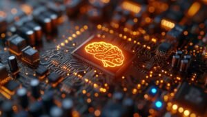 Artificial intelligence brain icon on a glowing microchip